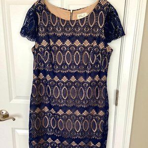 Eliza J. Navy Lace Overlay Sheath Cocktail Dress [12]